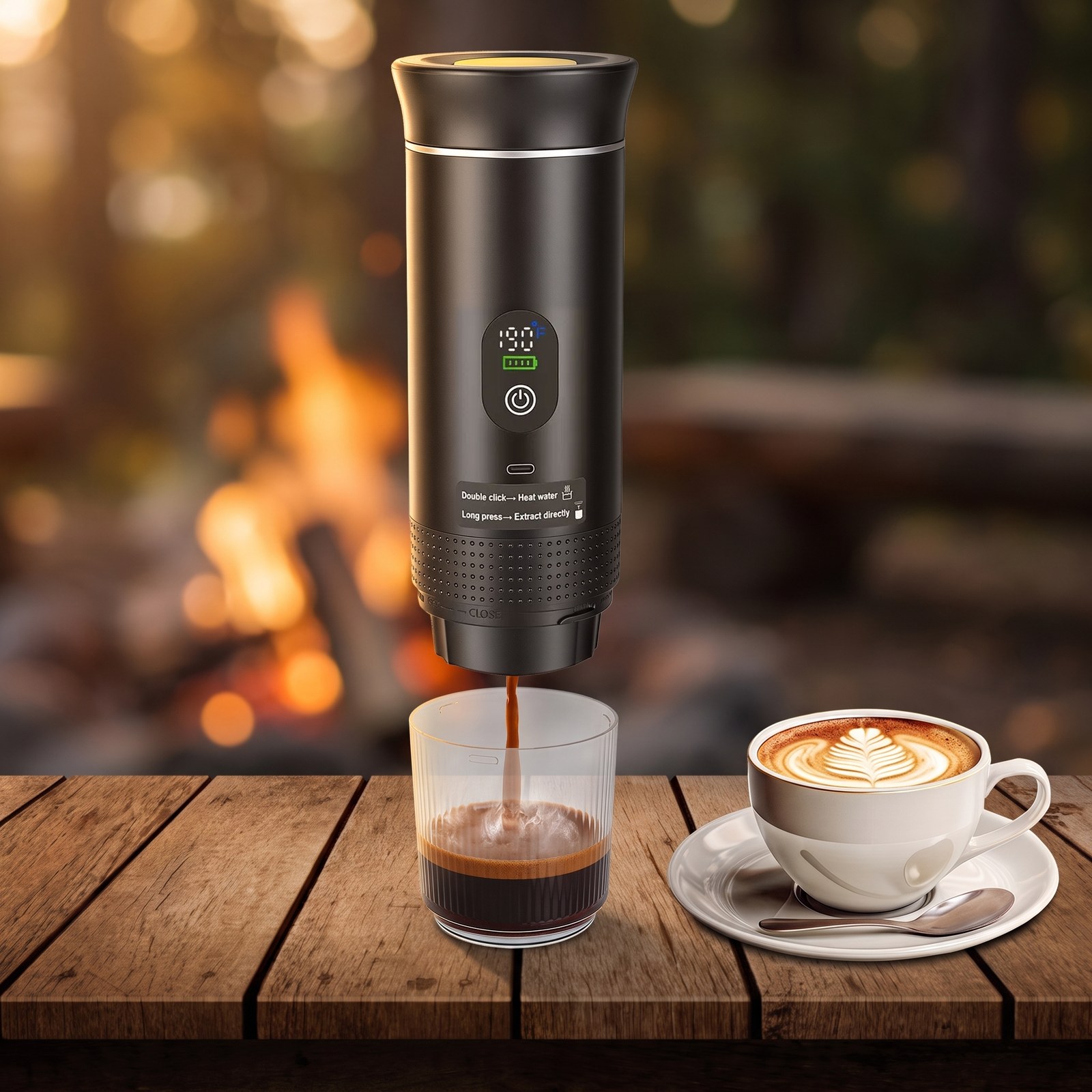 Portable espresso maker pouring a shot into a glass on a wooden table with a campfire behind it