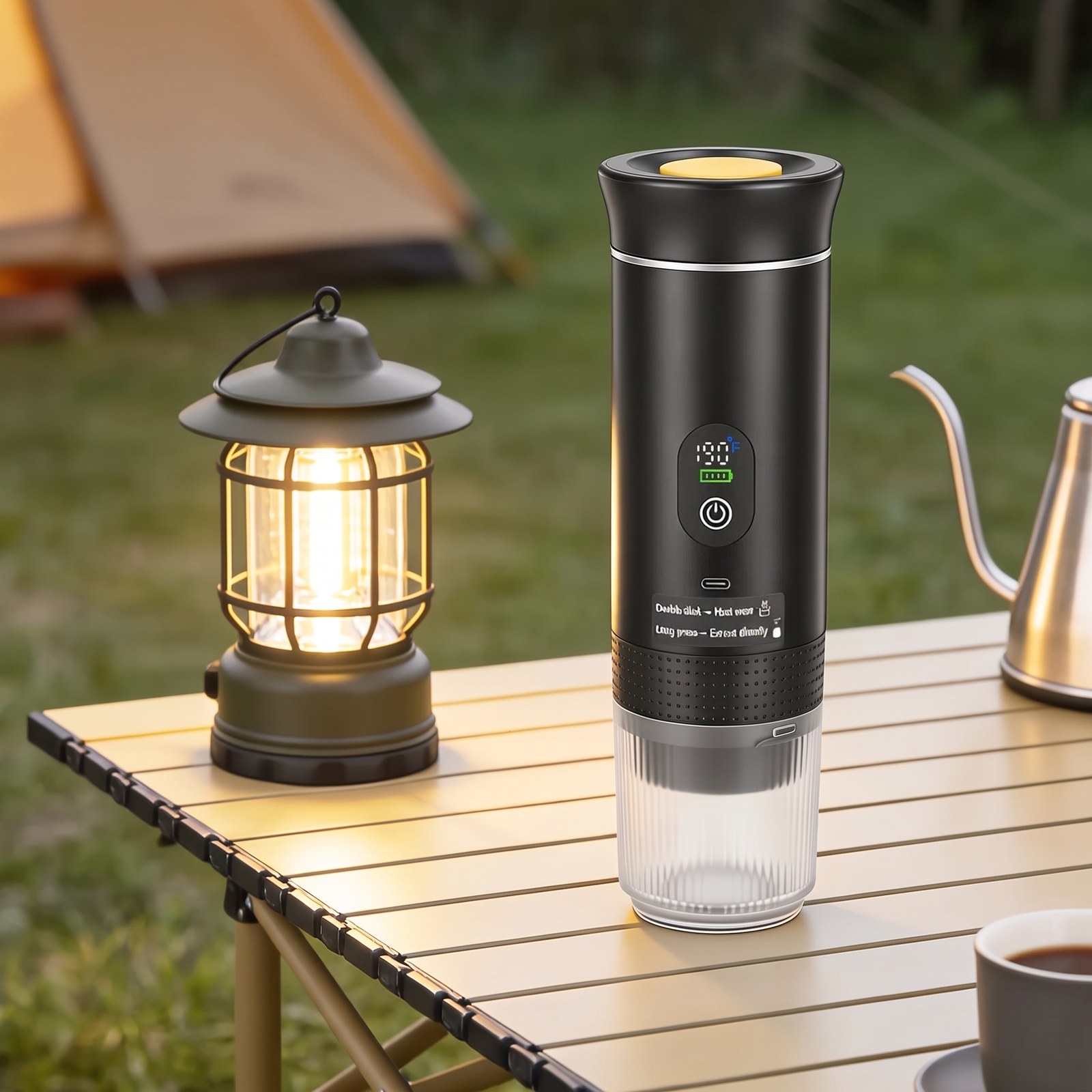 Portable espresso maker on a camping table beside a glowing lantern and tent