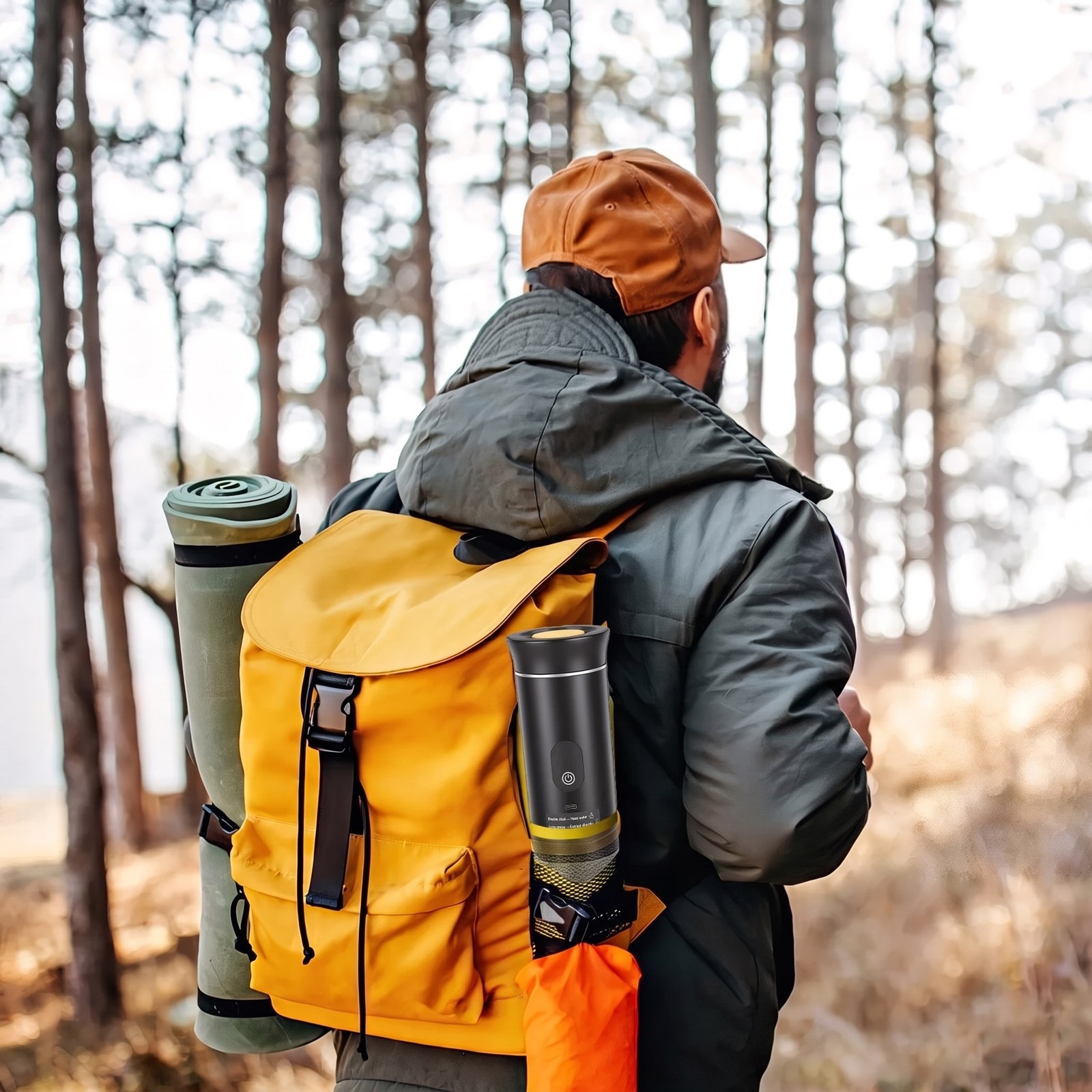 Hiker walking through a forest with a portable espresso maker secured to a yellow backpack